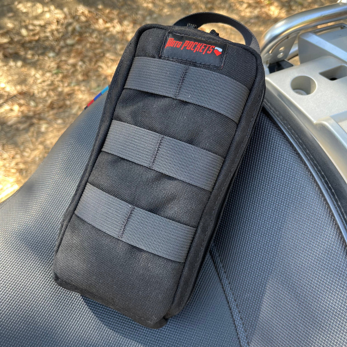 Moto Pockets Motorcycle Tire Repair Kit closed with Molle.
