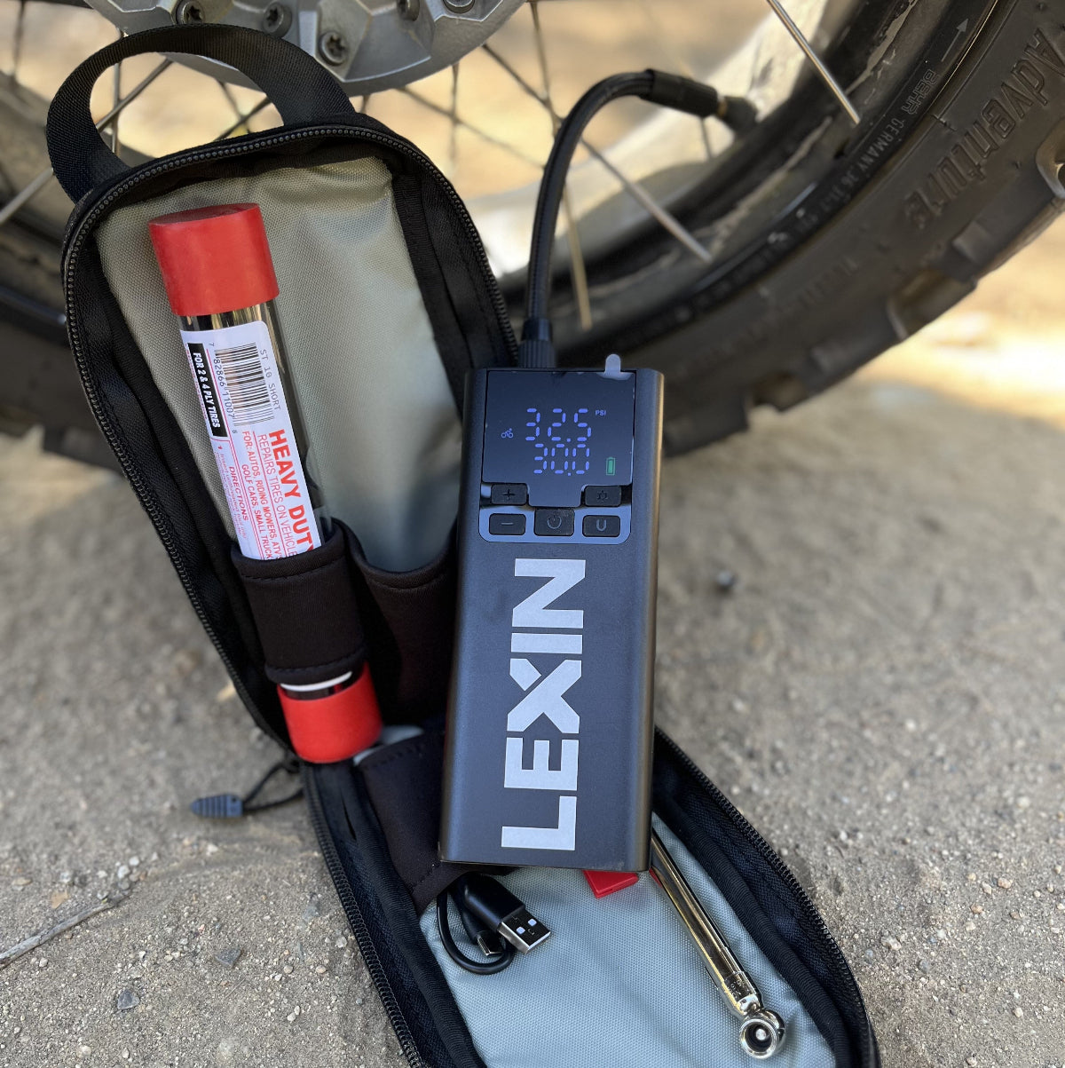 Moto Pockets Motorcycle Tire Repair Kit with rechargeable pump