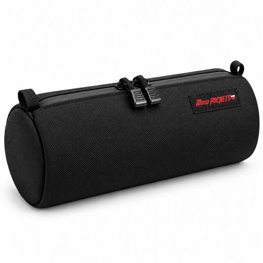 Black Moto Pockets Burrito motorcycle handlebar bag made in the USA, shown at a three-quarter angle with durable 1000D Cordura nylon, dual YKK zipper pulls, and red Moto Pockets logo.