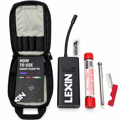 Moto Pockets tubeless motorcycle tire repair kit with Lexin P5 portable air pump, tire plugs, repair tools, and open carrying case.