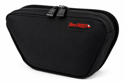 Black Moto Pockets 11x7 motorcycle windshield bag shown at a three-quarter angle, featuring durable Cordura fabric, dual zipper pulls, tapered design, and red Moto Pockets logo.