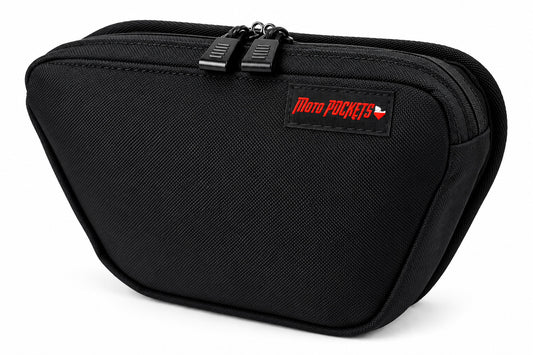 Black Moto Pockets 11x7 motorcycle windshield bag shown at a three-quarter angle, featuring durable Cordura fabric, dual zipper pulls, tapered design, and red Moto Pockets logo.