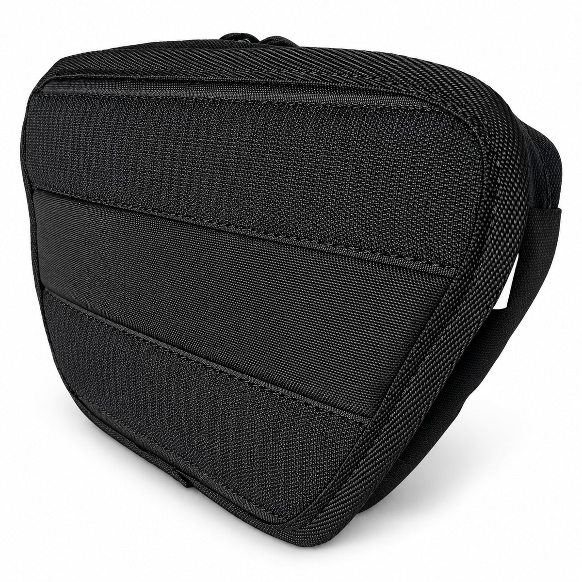 Rear view of black Moto Pockets 11x7 motorcycle windshield bag showing hook-and-loop mounting surface, reinforced webbing, durable fabric, and stitched edges.