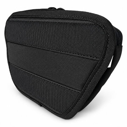 Rear view of black Moto Pockets 11x7 motorcycle windshield bag showing hook-and-loop mounting surface, reinforced webbing, durable fabric, and stitched edges.