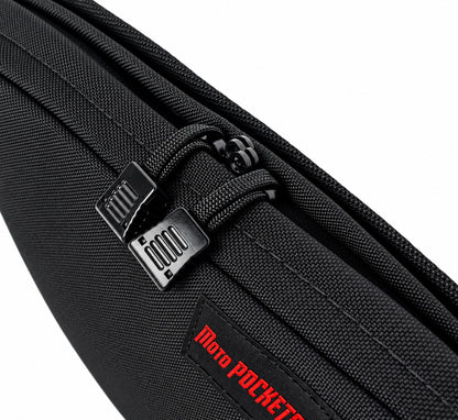 Close-up of black Moto Pockets 11x7 motorcycle windshield bag showing dual easy-grip zipper pulls, YKK zipper hardware, durable Cordura fabric, and reinforced stitching.