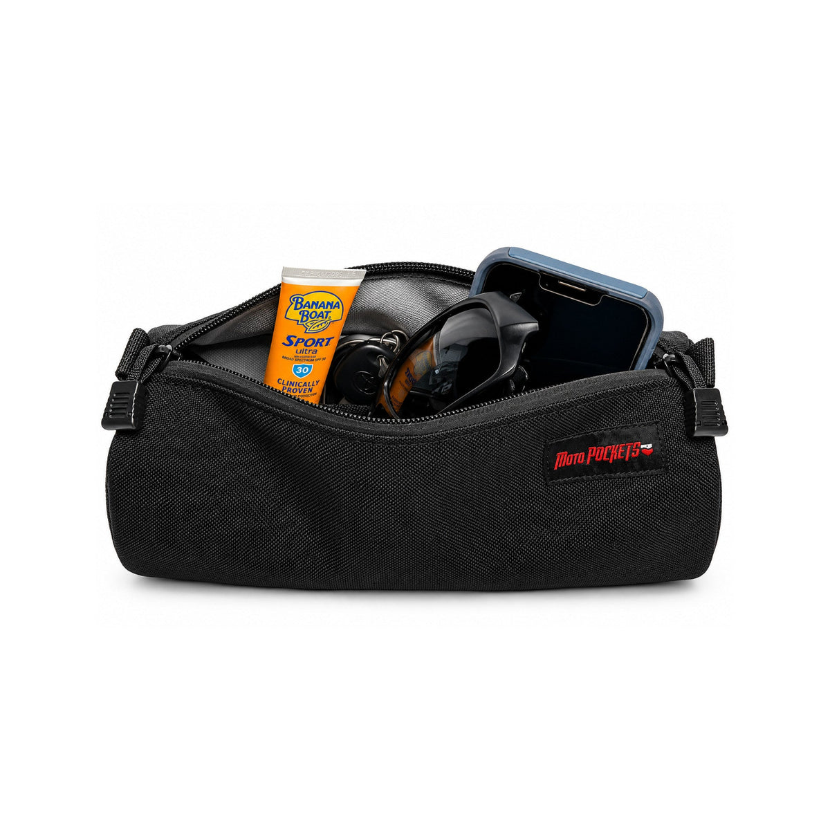 Black Moto Pockets Burrito motorcycle handlebar bag unzipped to show storage space for a smartphone, sunglasses, sunscreen, and keys.