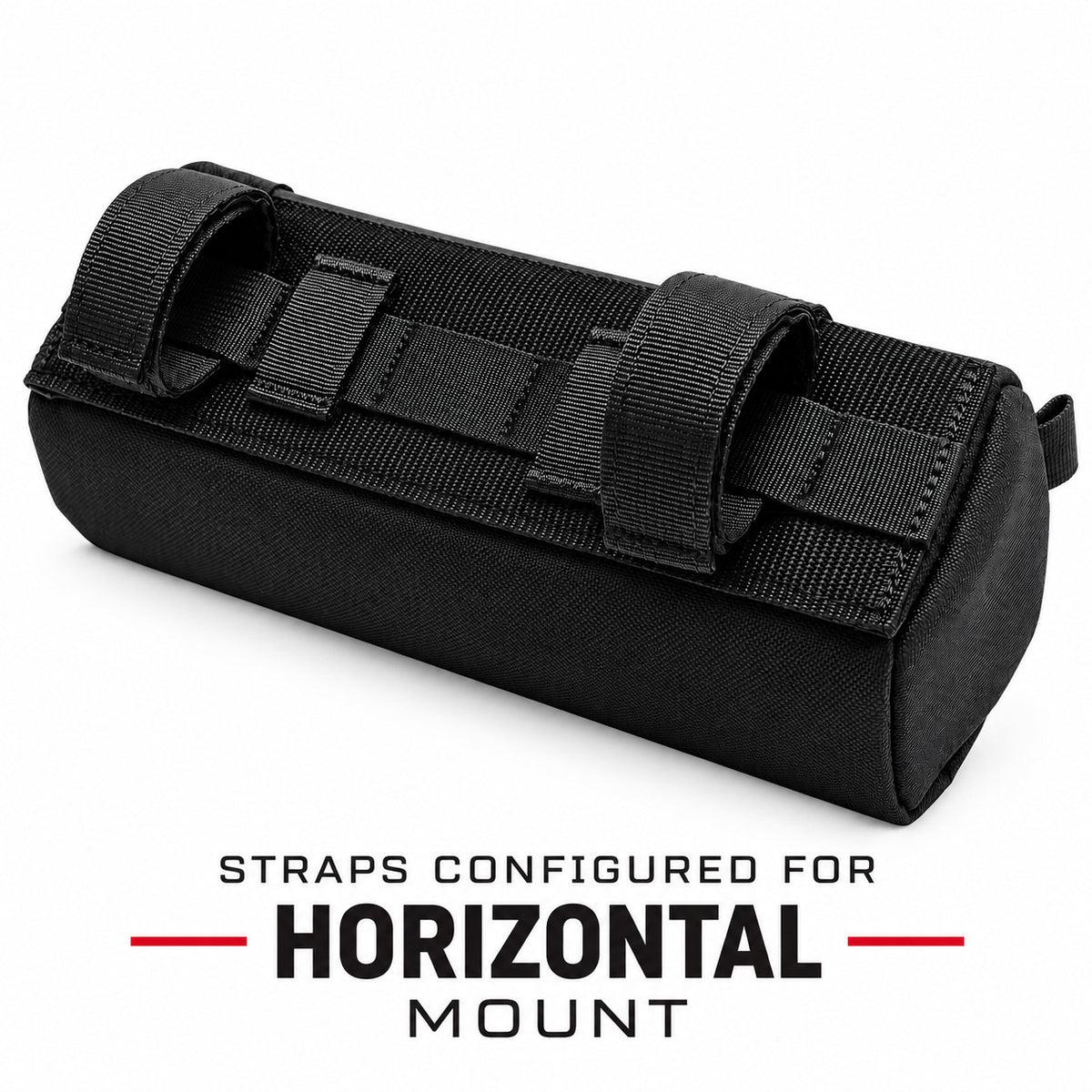 Rear view of black Moto Pockets Burrito motorcycle handlebar bag showing adjustable hook-and-loop mounting straps and durable Cordura fabric.