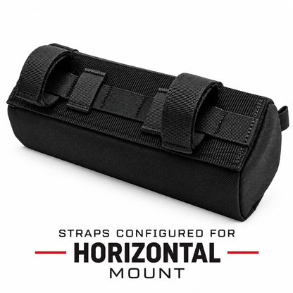 Rear view of black Moto Pockets Burrito motorcycle handlebar bag showing adjustable hook-and-loop mounting straps and durable Cordura fabric.