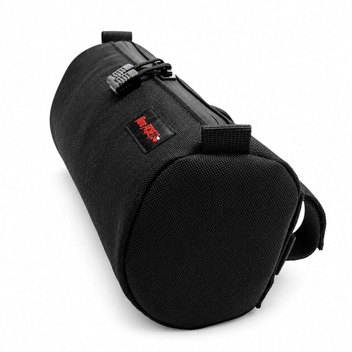 Angled end view of black Moto Pockets Burrito motorcycle handlebar bag showing its rounded shape, durable Cordura fabric, top zipper, and reinforced stitching.