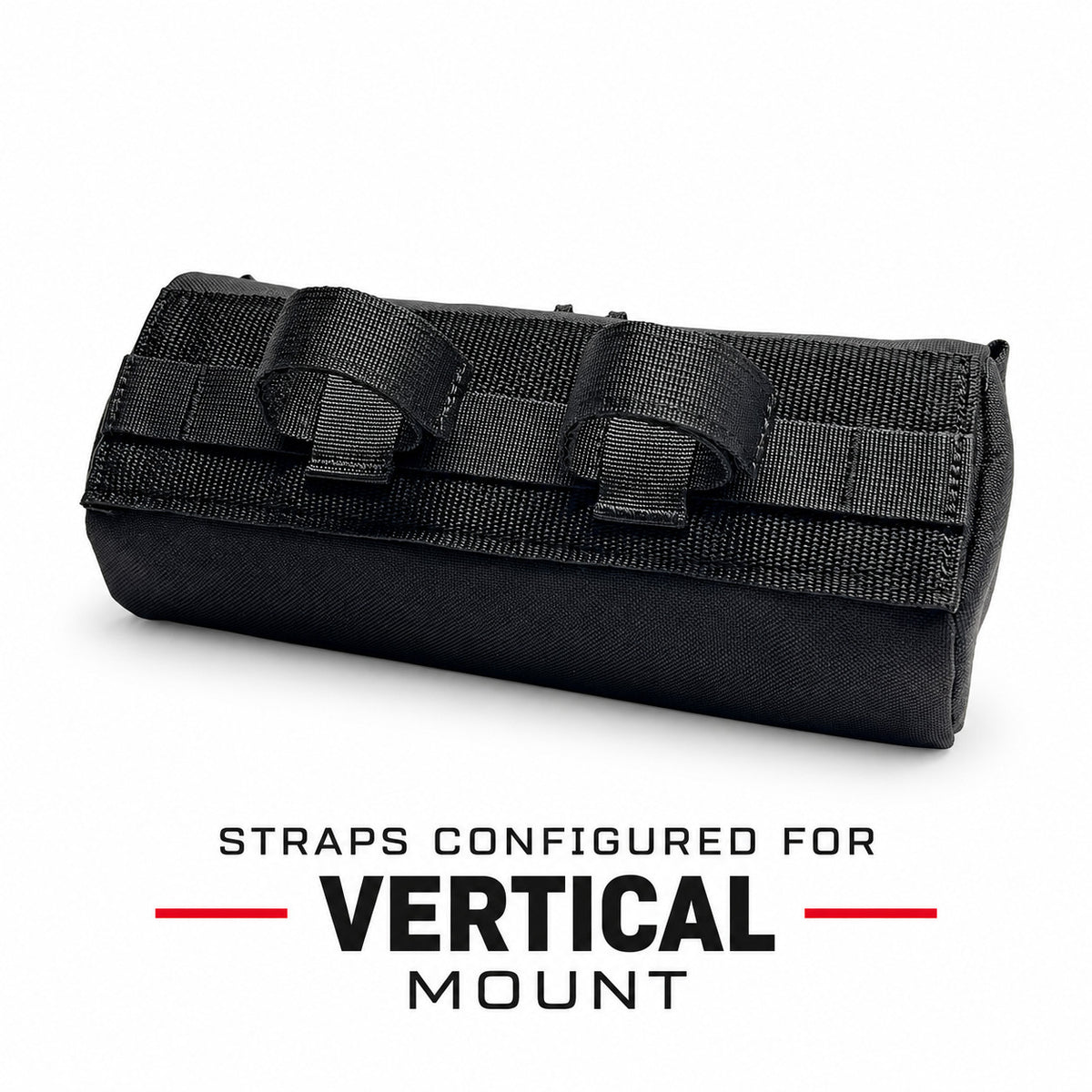 Rear view of black Moto Pockets Burrito motorcycle handlebar bag showing adjustable hook-and-loop straps configured for vertical mounting on motorcycle risers.
