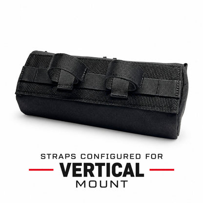 Rear view of black Moto Pockets Burrito motorcycle handlebar bag showing adjustable hook-and-loop straps configured for vertical mounting on motorcycle risers.