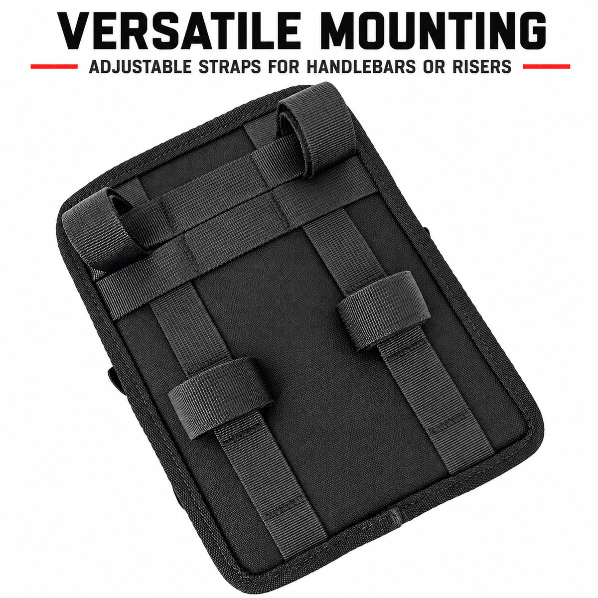 Rear view of Moto Pockets Drifter motorcycle handlebar bag showing repositionable hook-and-loop mounting straps for attachment to handlebars or risers.