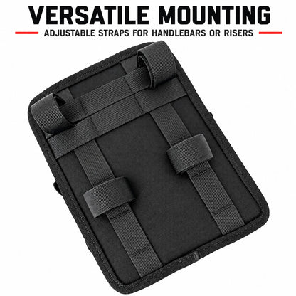 Rear view of Moto Pockets Drifter motorcycle handlebar bag showing repositionable hook-and-loop mounting straps for attachment to handlebars or risers.