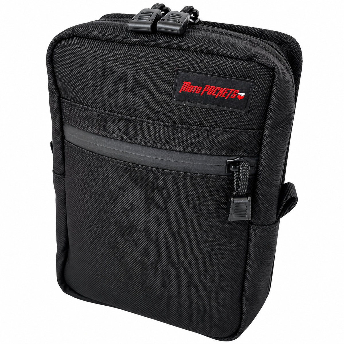 Black Moto Pockets Drifter motorcycle handlebar bag shown at a three-quarter angle, featuring durable Cordura fabric, dual zipper pulls, front zippered pocket, and red Moto Pockets logo.