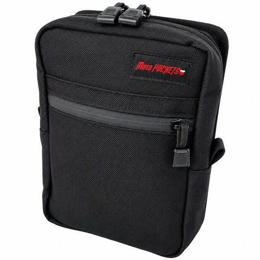 Black Moto Pockets Drifter motorcycle handlebar bag shown at a three-quarter angle, featuring durable Cordura fabric, dual zipper pulls, front zippered pocket, and red Moto Pockets logo.