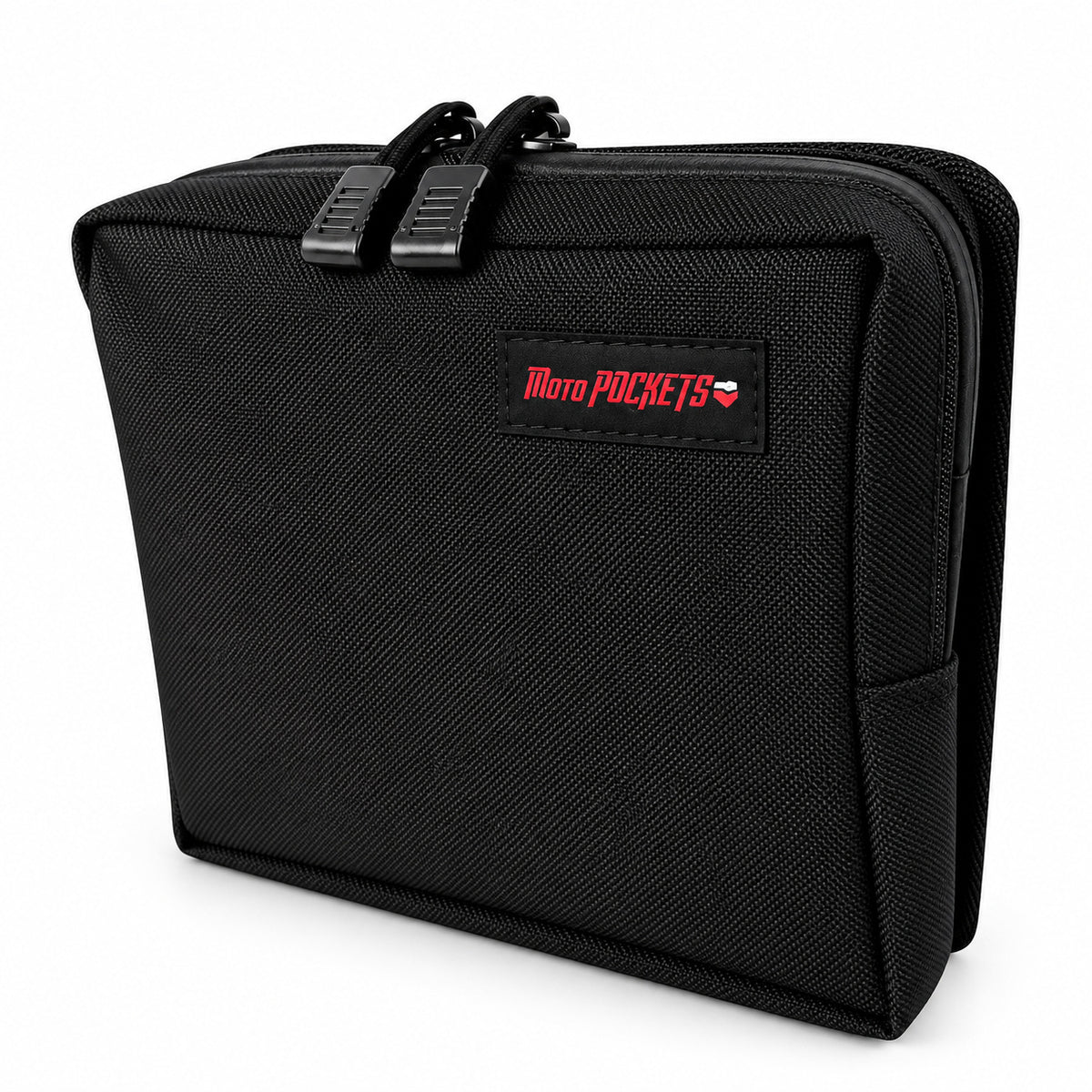 Black Moto Pockets Mini T-Bar motorcycle handlebar bag shown at a three-quarter angle, featuring durable Cordura nylon, dual YKK zipper pulls, front zippered pocket, and red Moto Pockets logo.