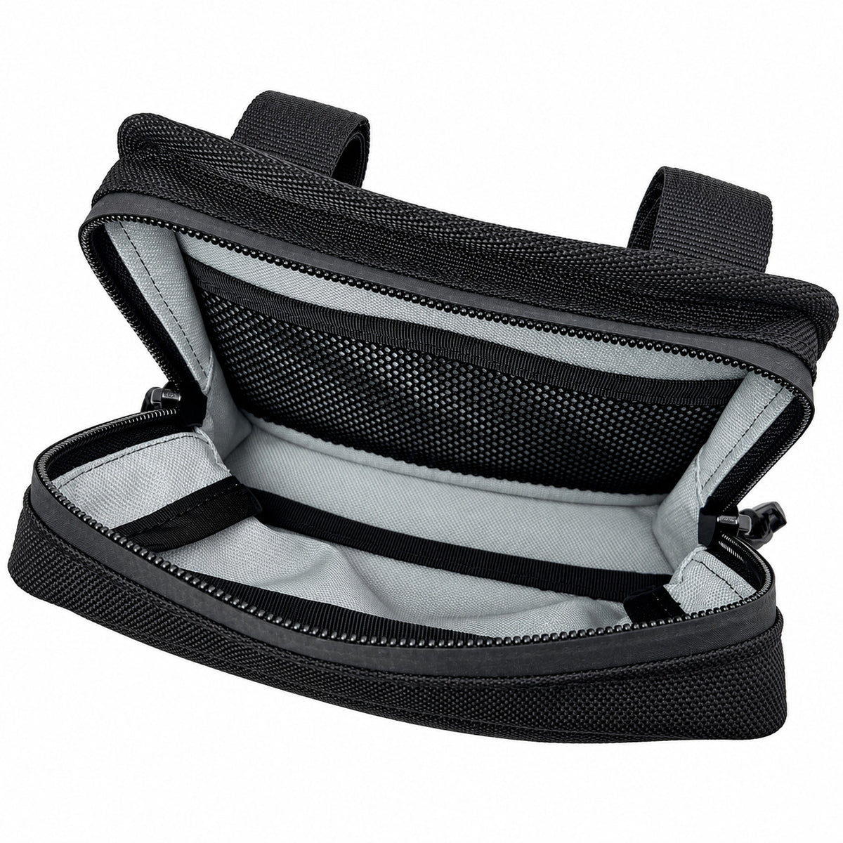 Open Moto Pockets Mini T-Bar motorcycle handlebar bag showing gray interior lining, built-in mesh organizer pocket, and wide zippered storage compartment.