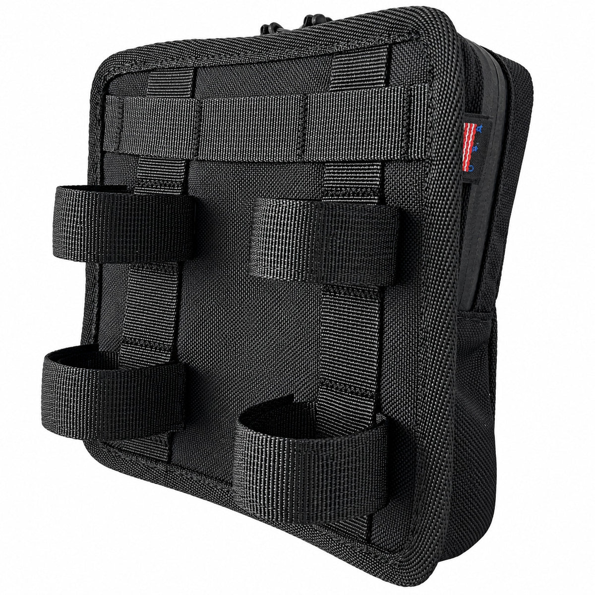 Rear view of black Moto Pockets Mini T-Bar motorcycle handlebar bag showing four adjustable hook-and-loop mounting straps for secure attachment to T-bars and risers.