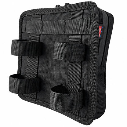 Rear view of black Moto Pockets Mini T-Bar motorcycle handlebar bag showing four adjustable hook-and-loop mounting straps for secure attachment to T-bars and risers.