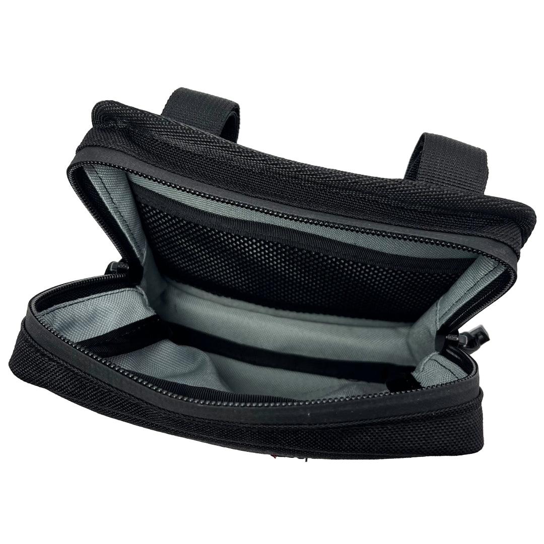 Moto Pockets Mini T-Bar bag open showing interior storage pocket