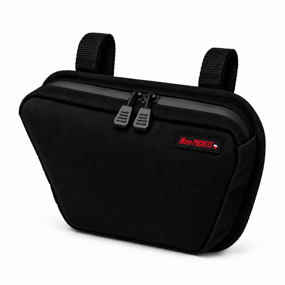 Black Moto Pockets OG T-Bar motorcycle handlebar bag made in the USA, featuring durable Cordura fabric, dual YKK zipper pulls, adjustable mounting straps, and compact tapered design.