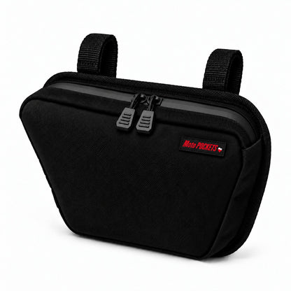 Black Moto Pockets OG T-Bar motorcycle handlebar bag made in the USA, featuring durable Cordura fabric, dual YKK zipper pulls, adjustable mounting straps, and compact tapered design.