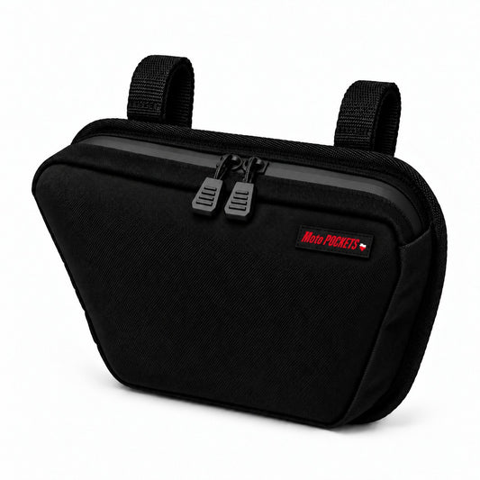 Black Moto Pockets OG T-Bar motorcycle handlebar bag made in the USA, featuring durable Cordura fabric, dual YKK zipper pulls, adjustable mounting straps, and compact tapered design.