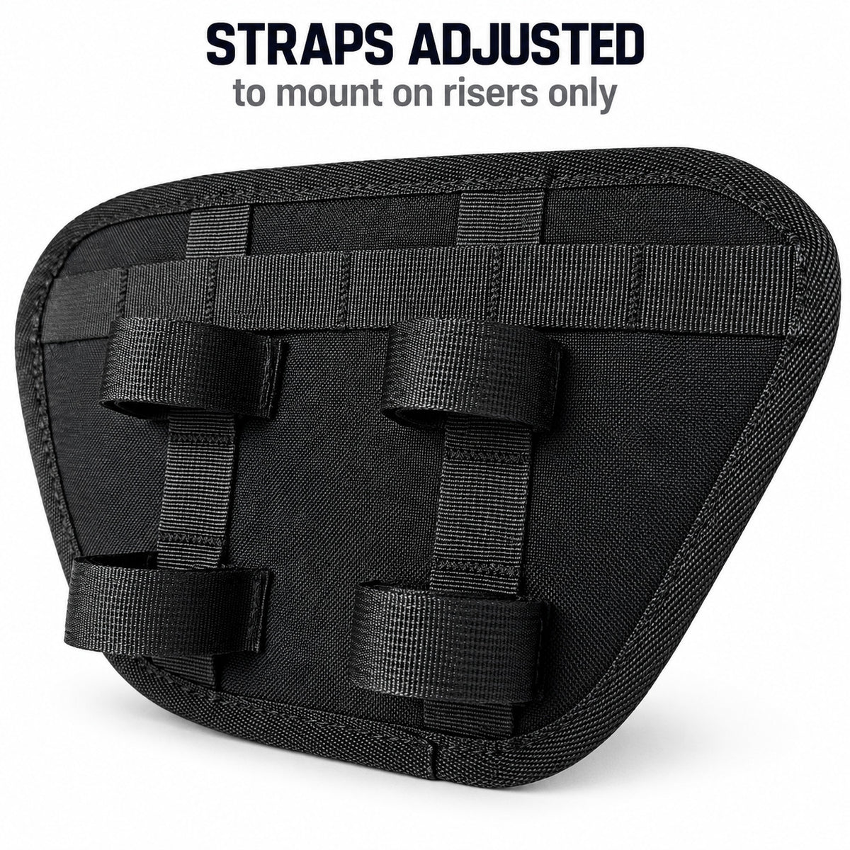 Rear view of Moto Pockets OG T-Bar motorcycle handlebar bag showing four adjustable hook-and-loop straps configured for riser-only mounting.