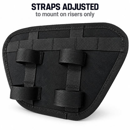 Rear view of Moto Pockets OG T-Bar motorcycle handlebar bag showing four adjustable hook-and-loop straps configured for riser-only mounting.