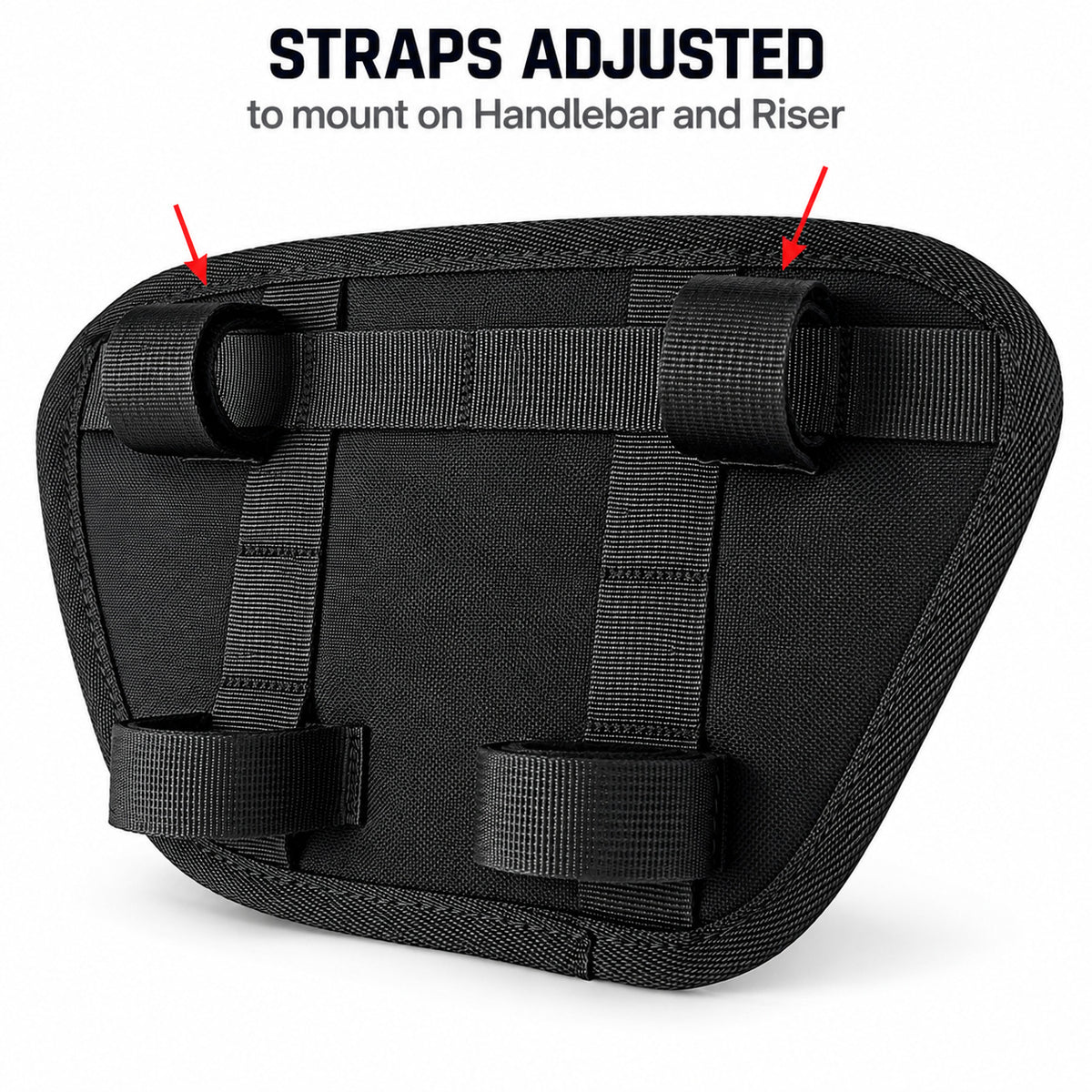 Rear view of Moto Pockets OG T-Bar motorcycle handlebar bag showing adjustable hook-and-loop straps configured for mounting to both handlebars and risers.