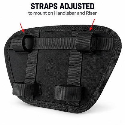Rear view of Moto Pockets OG T-Bar motorcycle handlebar bag showing adjustable hook-and-loop straps configured for mounting to both handlebars and risers.