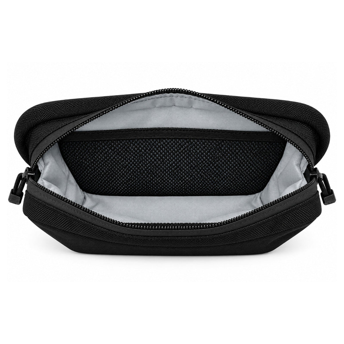 Open Moto Pockets OG T-Bar motorcycle handlebar bag showing wide zippered opening, light gray interior lining, black mesh organizer pocket, and main storage compartment.