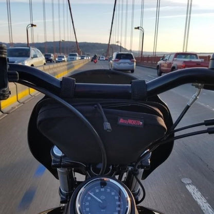 Moto Pockets OG handlebar bag installed on Harley V-Twin motorcycle