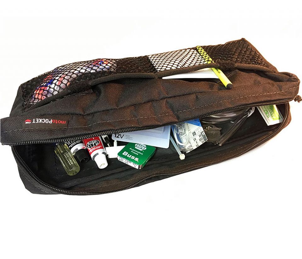 Moto Pockets Pannier Lid Bag stuffed with items.